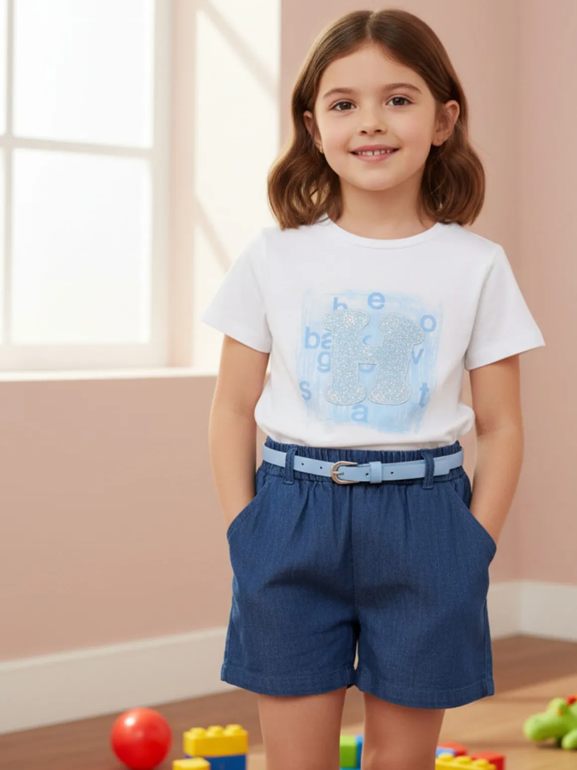 Lollitop Completo corto da bambina con t-shirt e shorts effetto jeans con cintura - azzurro