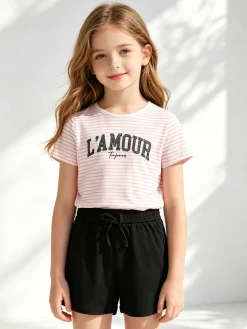 Lollitop Completo corto da bambina con t-shirt rigata con strass e shorts