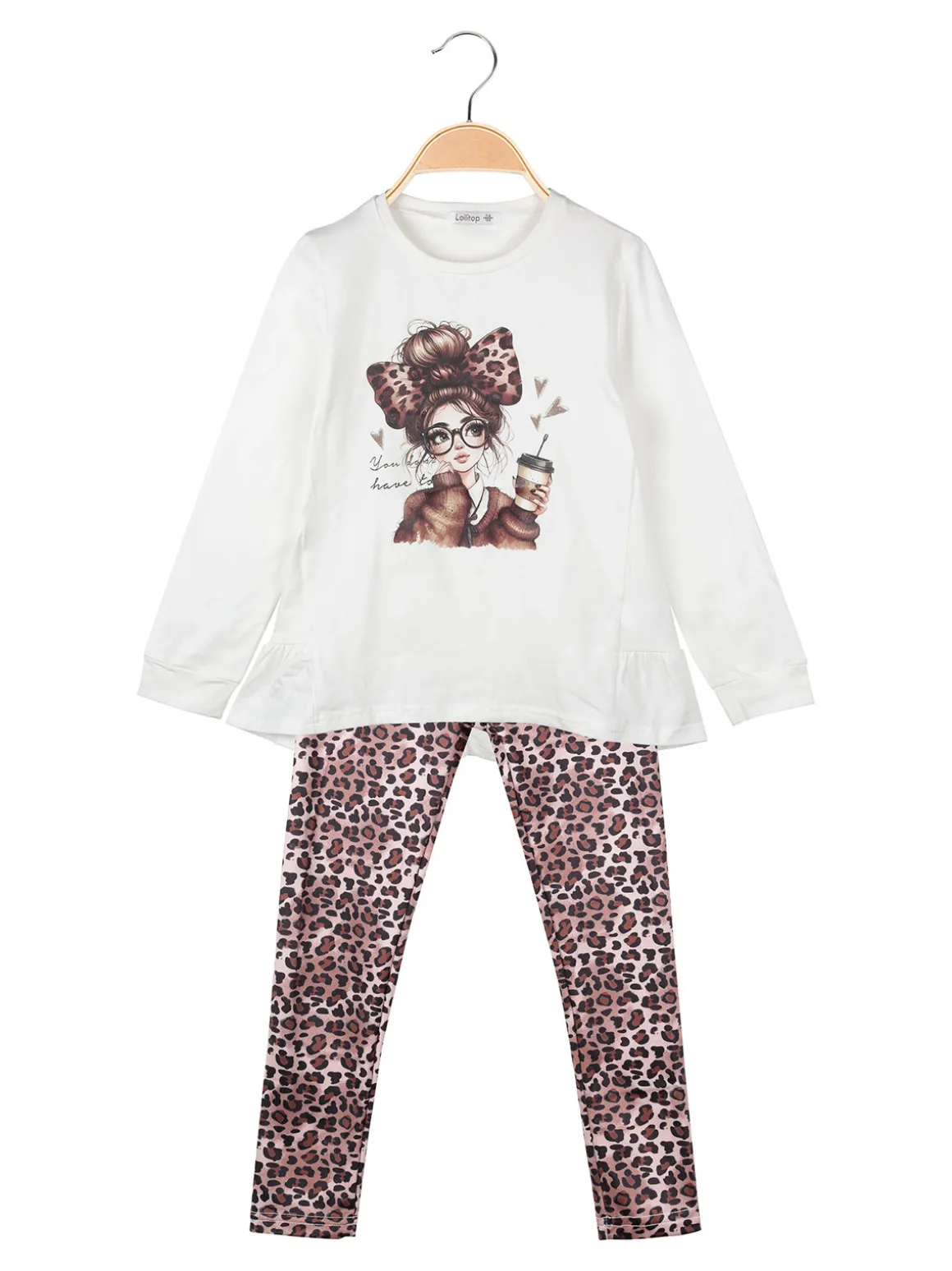 Lollitop Completo 2 pezzi da bambina con maglietta e leggings maculati - bianco
