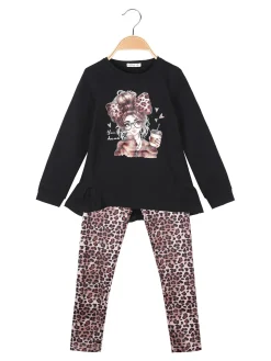Lollitop Completo 2 pezzi da bambina con maglietta e leggings maculati - nero