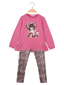 Lollitop Completo 2 pezzi da bambina con maglietta e leggings maculati - fuxia