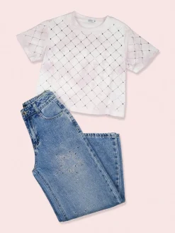 Lollitop T-shirt cropped da bambina in cotone con strass - rosa