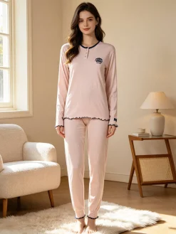 Lonsdale Pigiama lungo da donna in cotone con volant