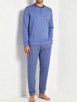 Lonsdale Pigiama lungo da uomo in cotone con pantaloni a righe