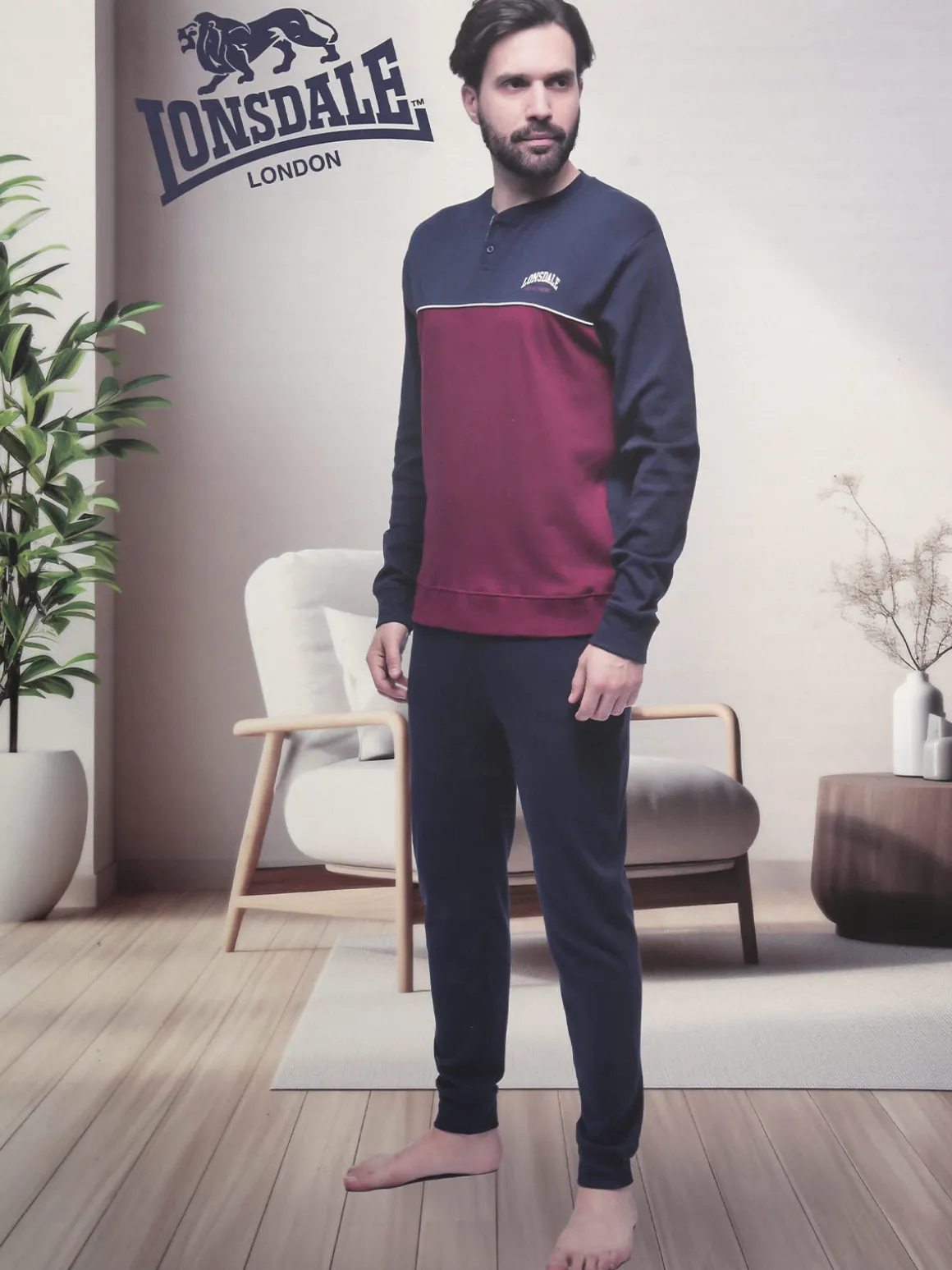 Lonsdale Pigiama lungo da uomo in cotone interlock