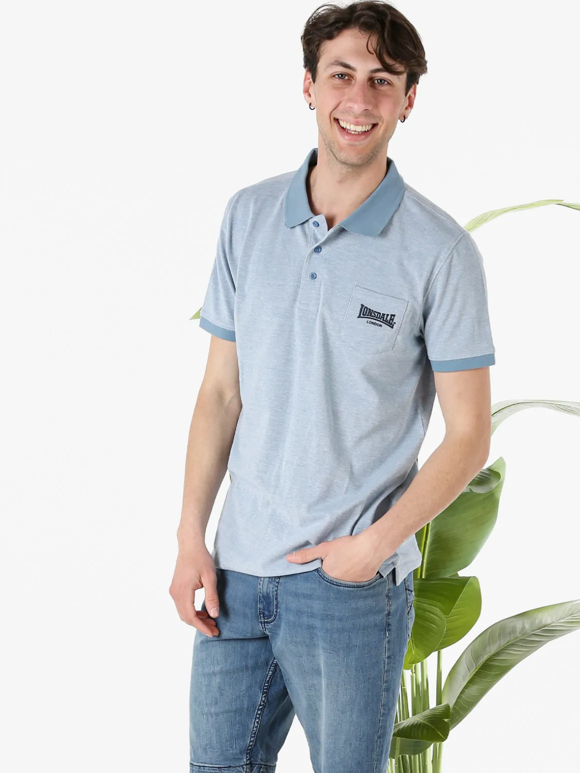 Lonsdale Polo da uomo in cotone a maniche corte con taschino - azzurro