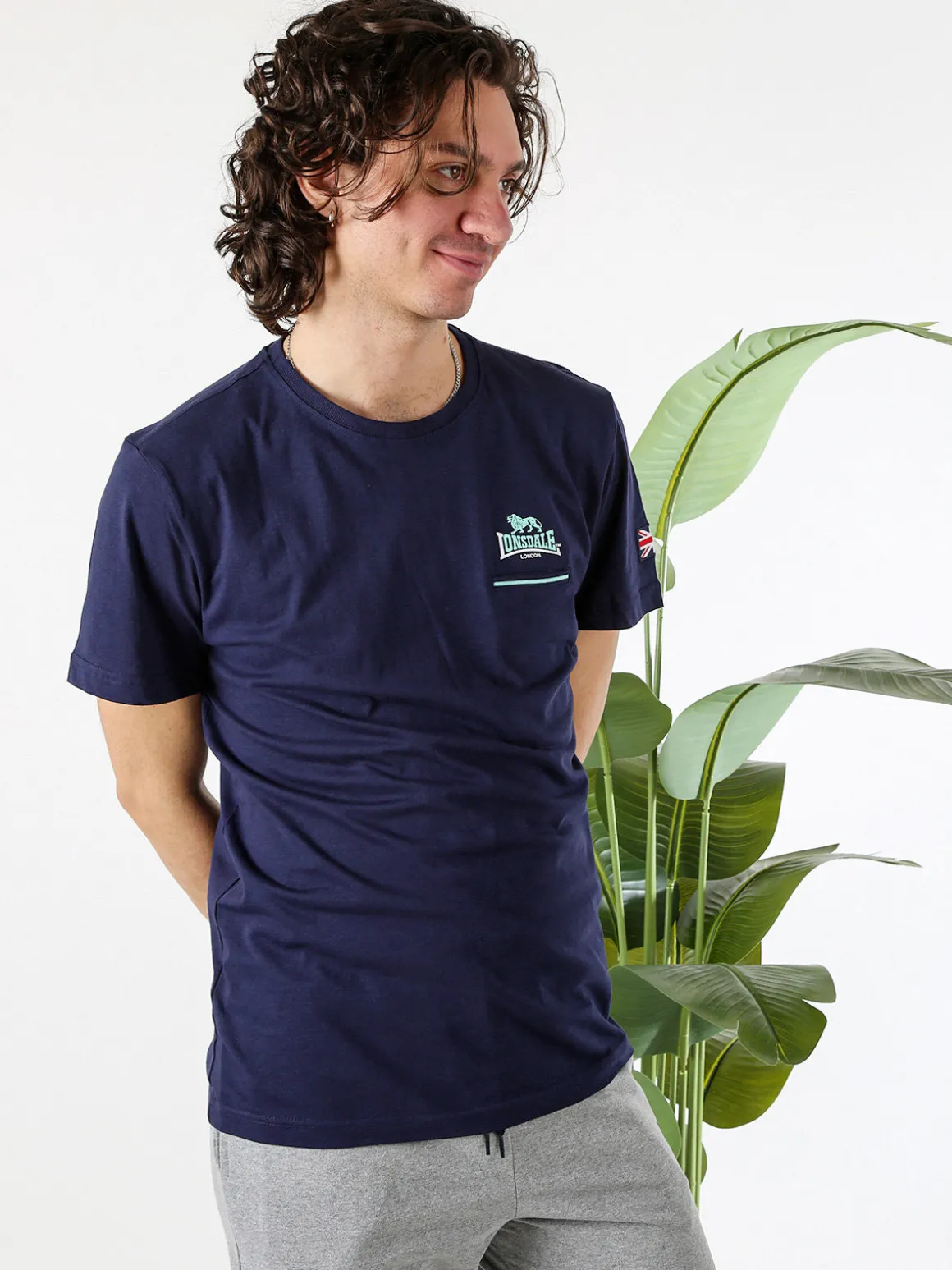 Lonsdale T-shirt da uomo in cotone con taschino a filetto e logo - blu scuro