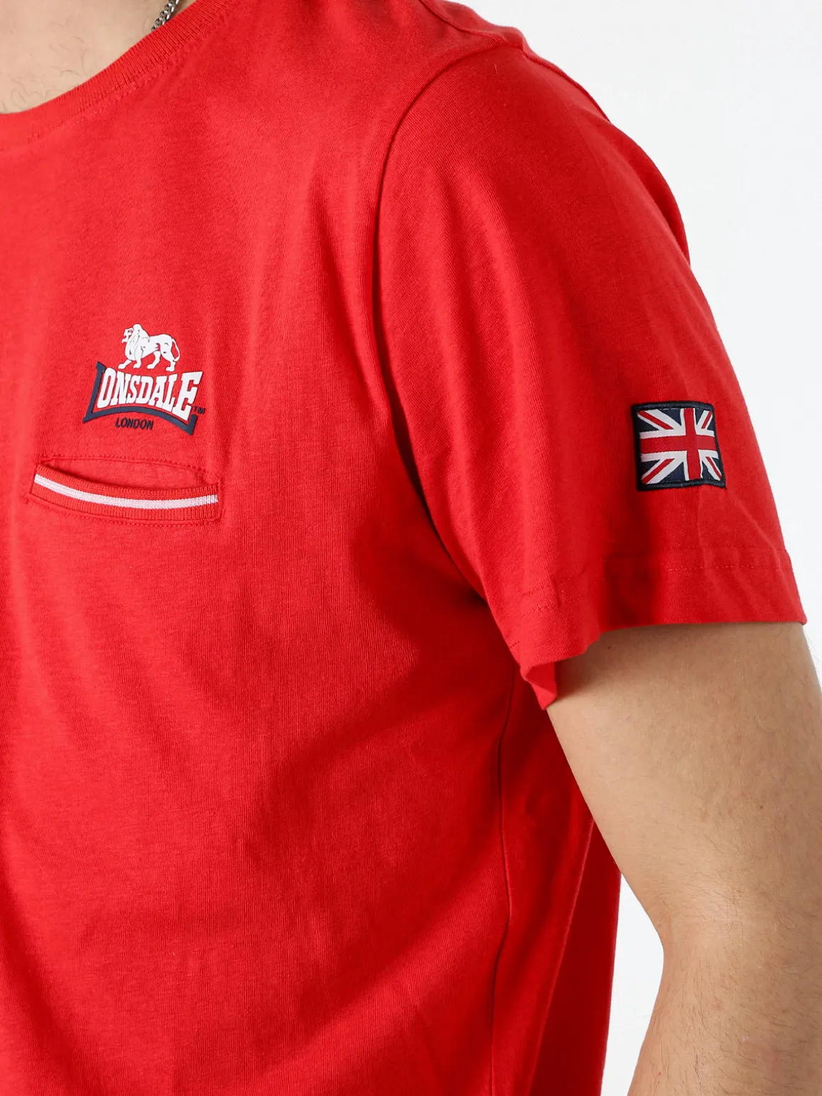 Lonsdale T-shirt da uomo in cotone con taschino a filetto e logo - rosso