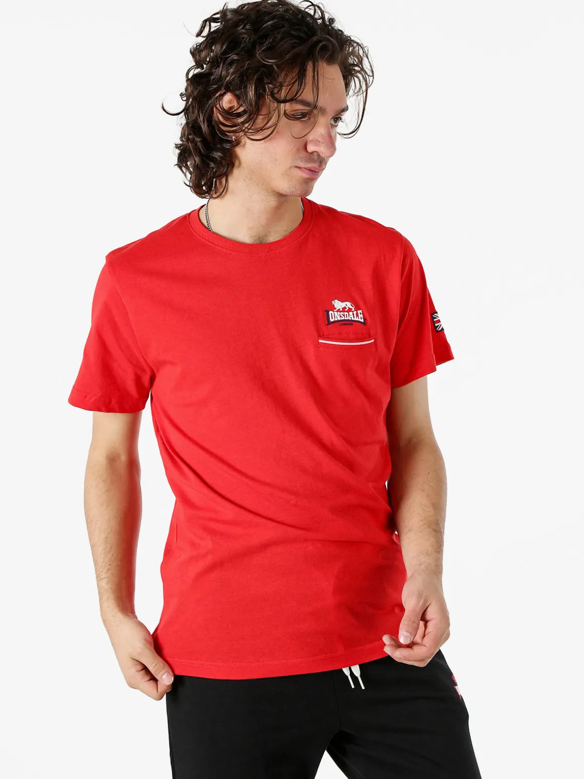 Lonsdale T-shirt da uomo in cotone con taschino a filetto e logo - rosso