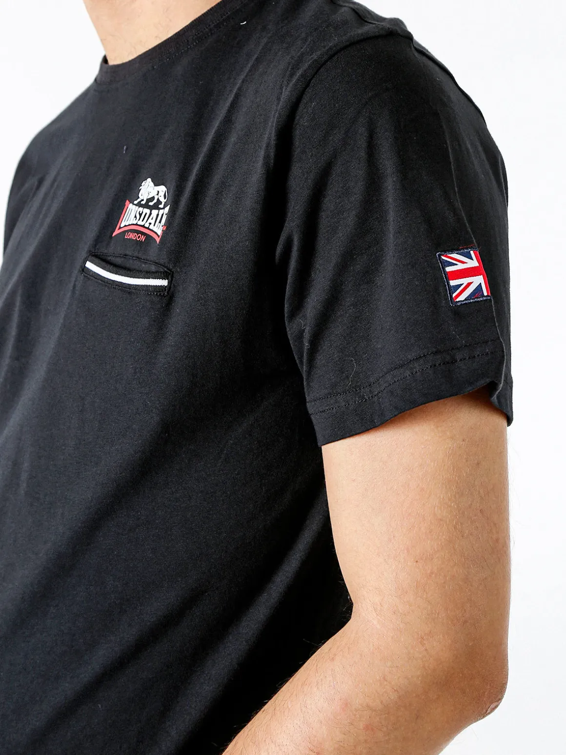 Lonsdale T-shirt da uomo in cotone con taschino a filetto e logo - nero