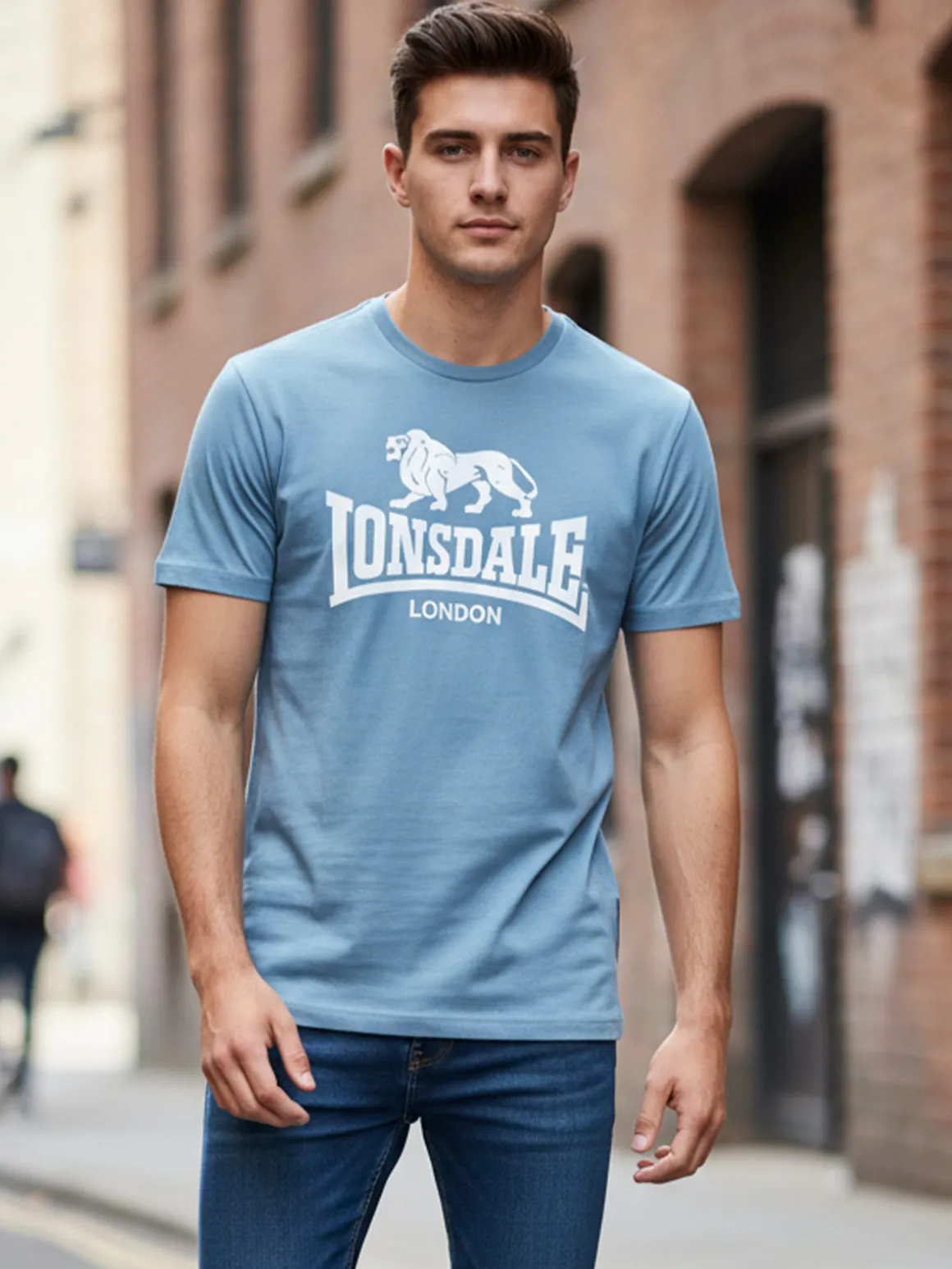 Lonsdale T-shirt da uomo in cotone con maxi stampa logo - blu