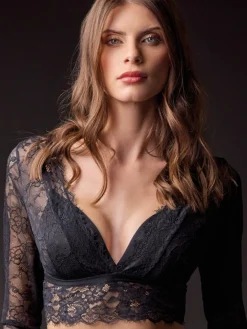 Lormar Party coordinato intimo donna in pizzo con top a maniche lunghe + brasiliana - nero