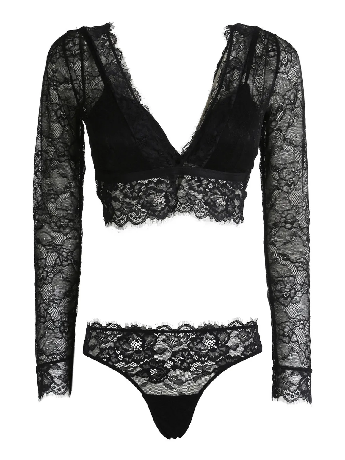 Lormar Party coordinato intimo donna in pizzo con top a maniche lunghe + brasiliana - nero