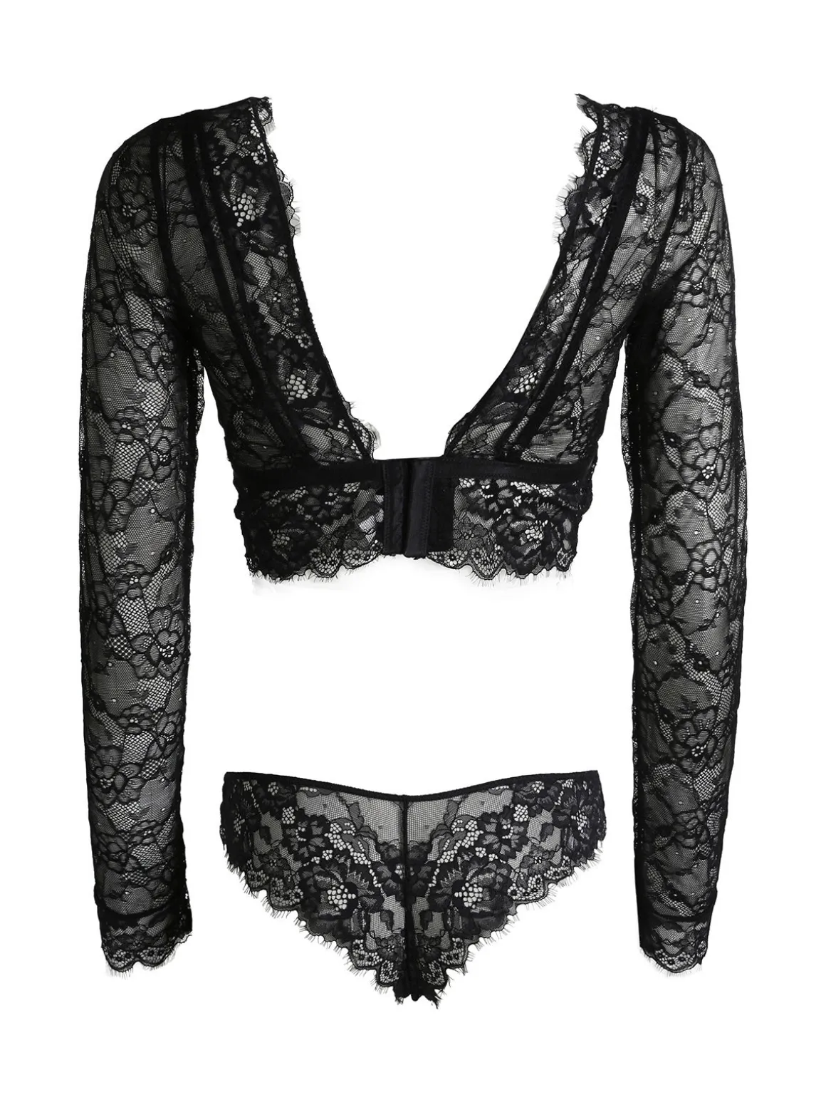 Lormar Party coordinato intimo donna in pizzo con top a maniche lunghe + brasiliana - nero