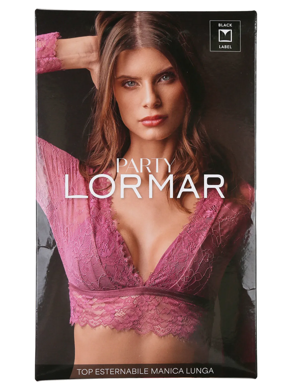 Lormar Party coordinato intimo donna in pizzo con top a maniche lunghe + brasiliana - nero