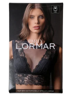Lormar Party Coordinato intimo da donna in pizzo con top bra a spalla larga+ brasiliana - nero