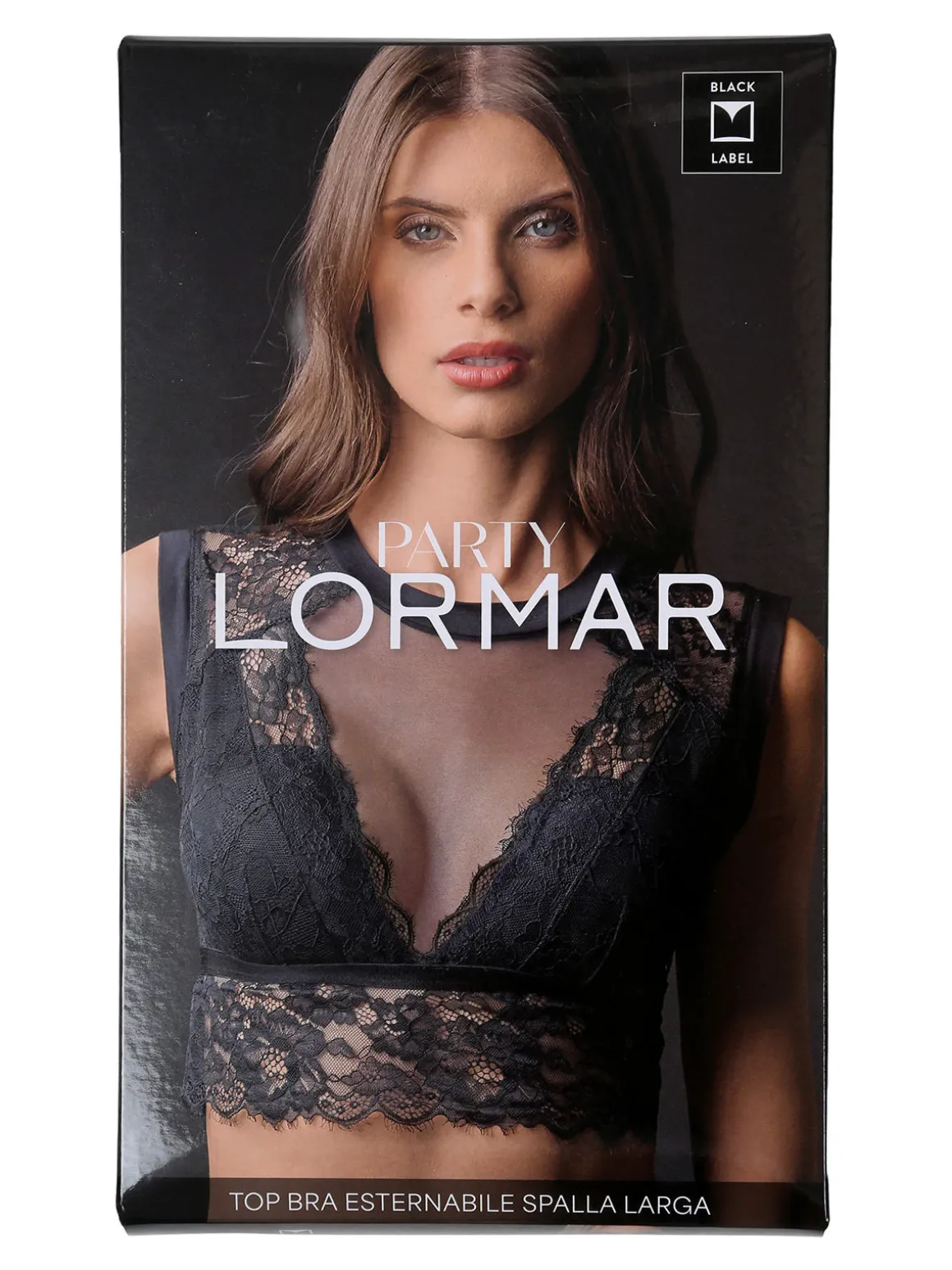 Lormar Party Coordinato intimo da donna in pizzo con top bra a spalla larga+ brasiliana - nero