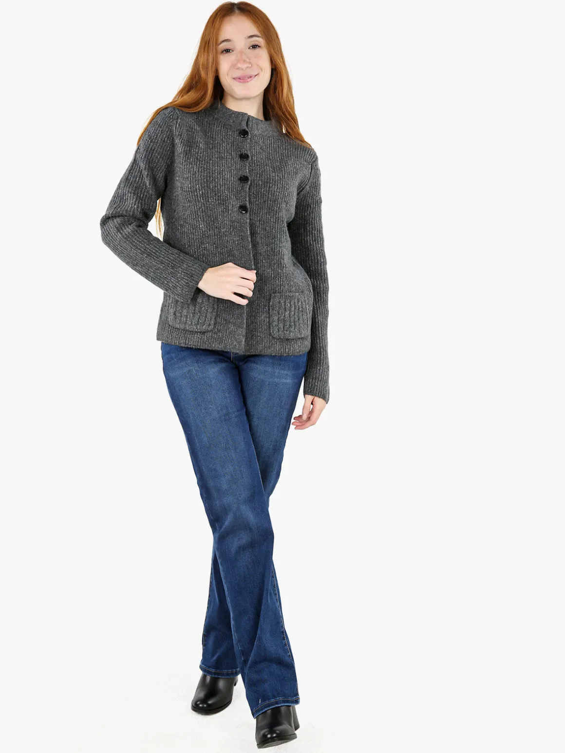 Louise Doro Cardigan donna in maglia con bottoni e taschini - grigio scuro