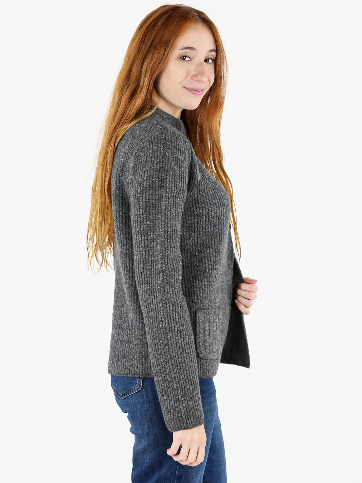 Louise Doro Cardigan donna in maglia con bottoni e taschini - grigio scuro