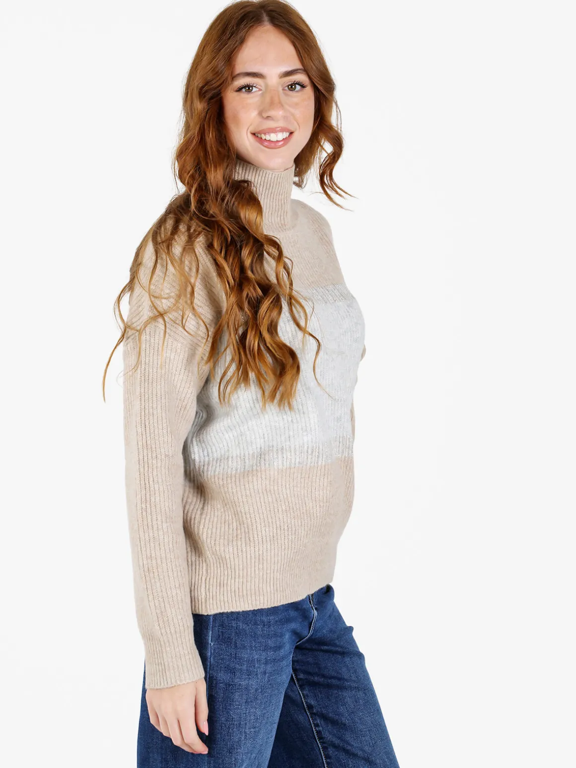 Louise Doro Maglione donna accollato a blocchi di colore con strass - beige