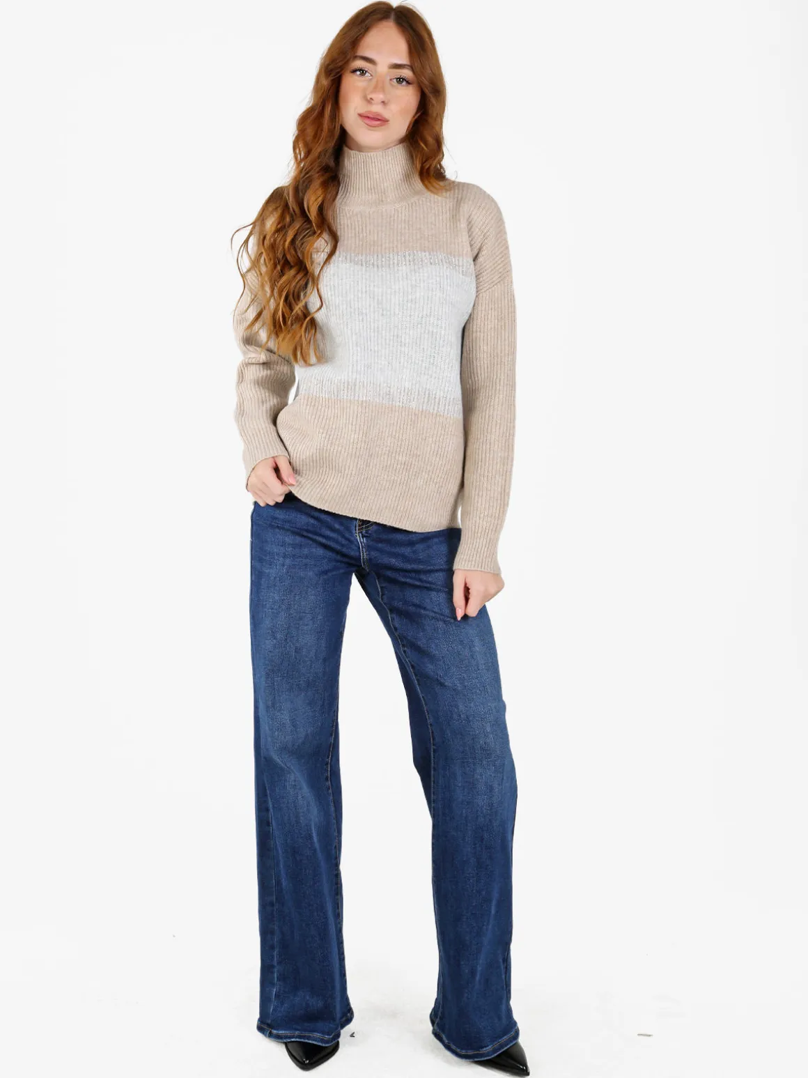 Louise Doro Maglione donna accollato a blocchi di colore con strass - beige