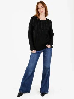 Louise Doro Maglione donna oversize a trecce con strass - nero