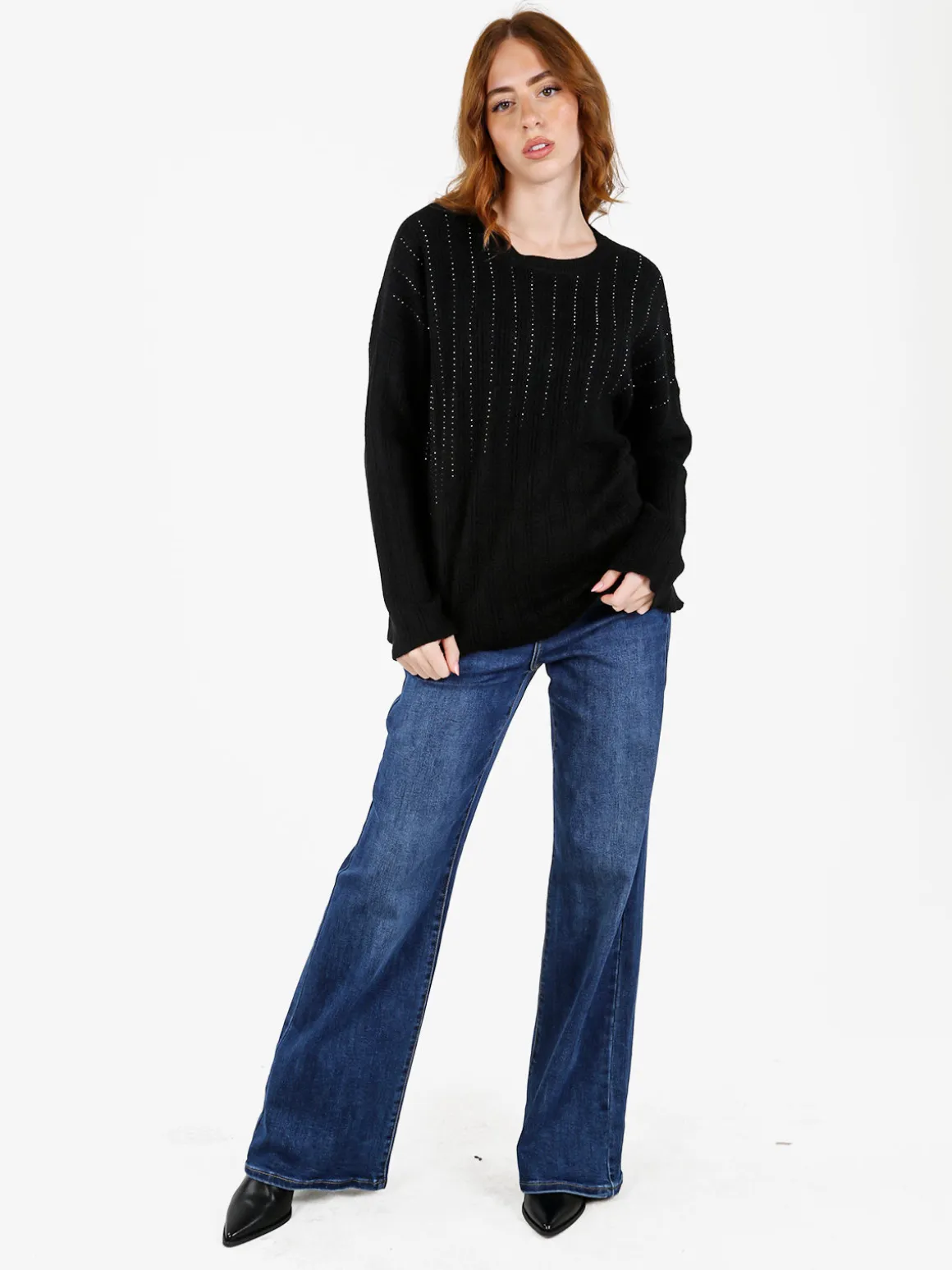 Louise Doro Maglione donna oversize a trecce con strass - nero