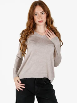Louise Doro Pullover donna in maglia con scollo a V - sabbia