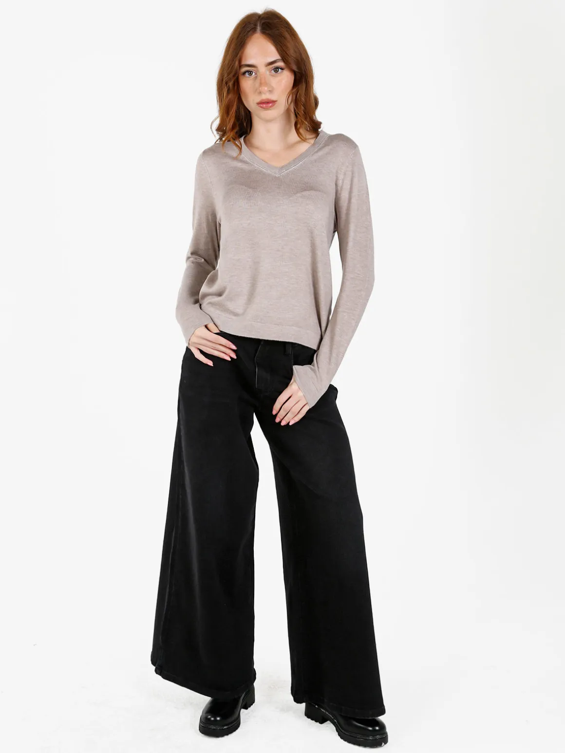 Louise Doro Pullover donna in maglia con scollo a V - sabbia