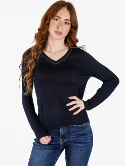 Louise Doro Pullover donna in maglia con scollo a V - blu scuro