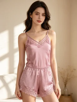 Lovelx Pigiama tuta donna effetto raso con pizzo