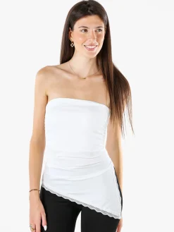 Lovery Top donna asimmetrico con scollo a fascia e bordo finale in pizzo - bianco