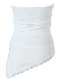 Lovery Top donna asimmetrico con scollo a fascia e bordo finale in pizzo - bianco