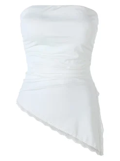 Lovery Top donna asimmetrico con scollo a fascia e bordo finale in pizzo - bianco