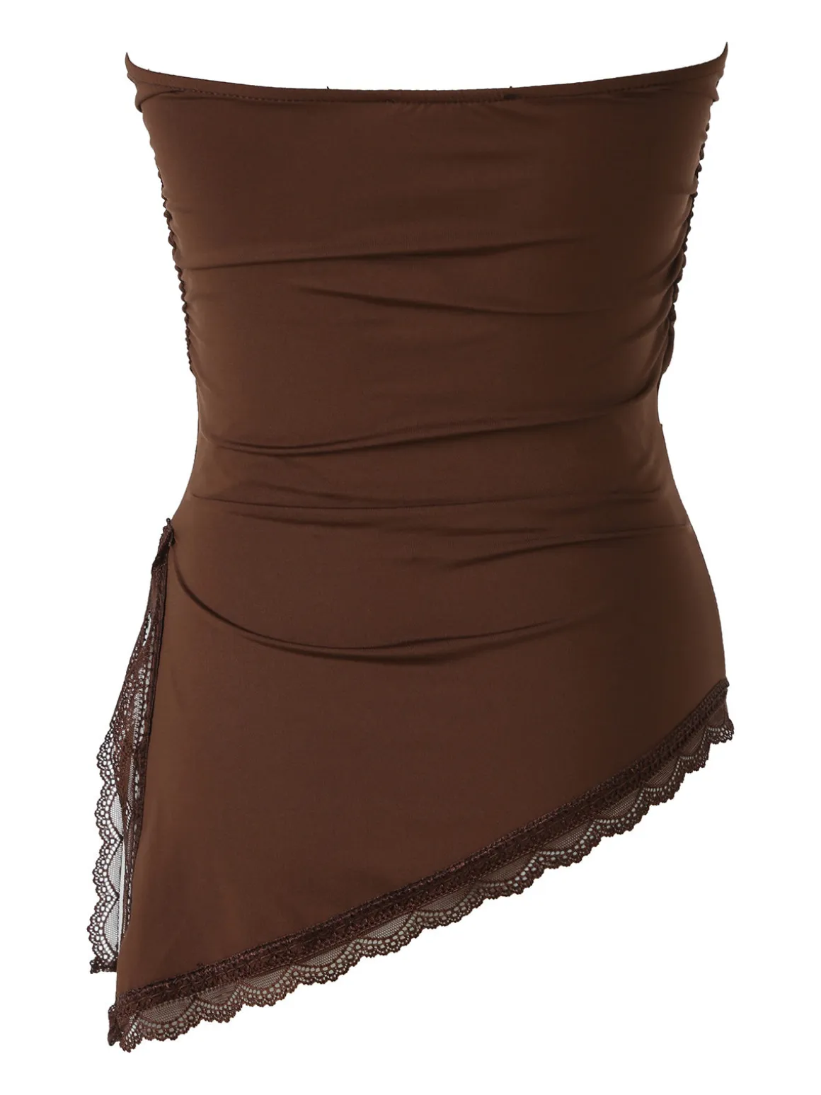 Lovery Top donna asimmetrico con scollo a fascia e bordo finale in pizzo - moro