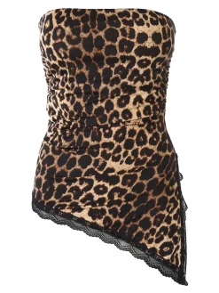 Lovery Top donna asimmetrico con scollo a fascia e bordo finale in pizzo - multicolore
