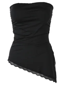 Lovery Top donna asimmetrico con scollo a fascia e bordo finale in pizzo - nero