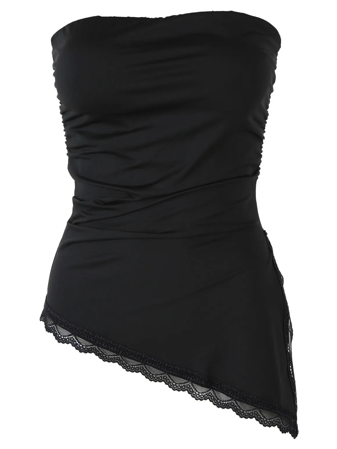 Lovery Top donna asimmetrico con scollo a fascia e bordo finale in pizzo - nero