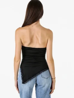 Lovery Top donna asimmetrico con scollo a fascia e bordo finale in pizzo - nero