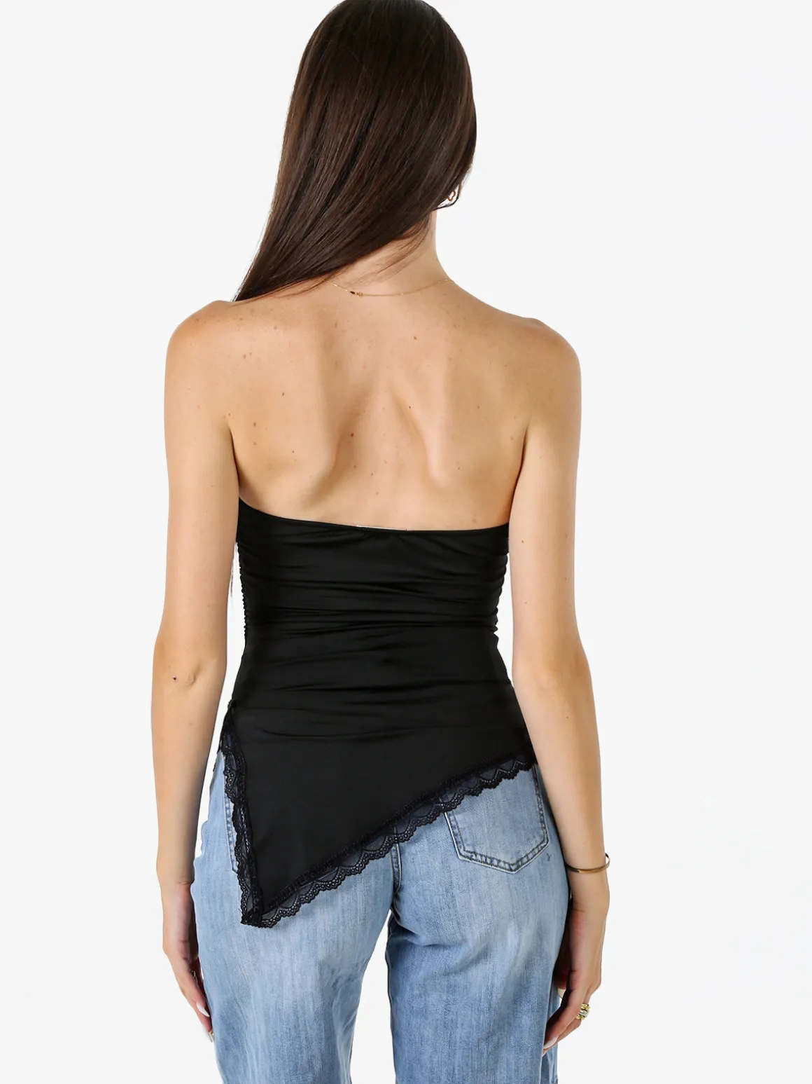 Lovery Top donna asimmetrico con scollo a fascia e bordo finale in pizzo - nero