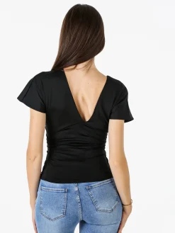 Lovery Top donna con scollo a V davanti e dietro con arricciature laterali - nero