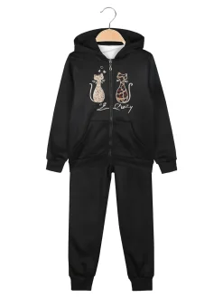 Luisa Chic Completo tuta 3 pezzi da bambina con cappuccio e zip - nero