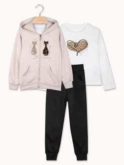 Luisa Chic Completo tuta 3 pezzi da bambina con cappuccio e zip - beige