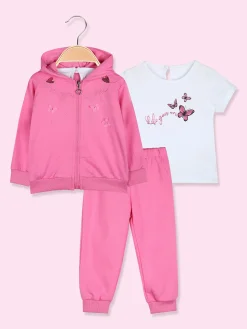 Luisa Chic Completo tuta 3 pezzi da neonata con cappuccio e zip - fucsia