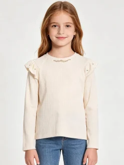 Luisa Chic Maglia da bambina a maniche lunghe con dettagli di perle - beige
