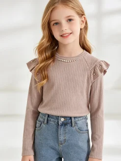 Luisa Chic Maglia da bambina a maniche lunghe con dettagli di perle - beige