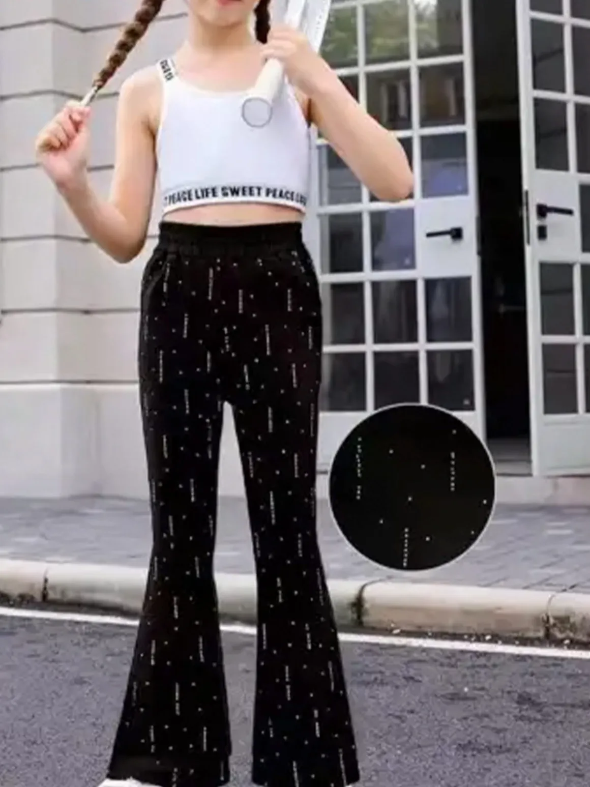 Luisa Chic Pantaloni da bambina a zampa con strass - nero