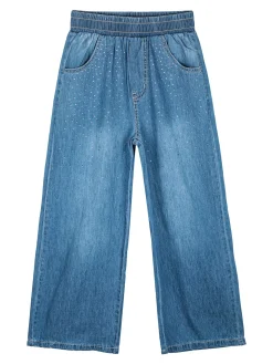 Luisa Chic Pantaloni da bambina effetto jeans con strass a gamba larga