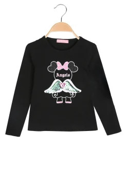 Luisa Chic T-shirt da bambina a maniche lunghe con stampa e paillettes - nero