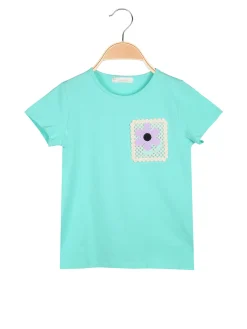 Luisa Chic T-shirt da bambina in cotone con toppa in macramè - acqua marina